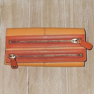 Coach Leather Double Zip Flap Wallet Orange